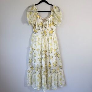 NWT Indulge Yellow Floral Midi Dress Cottagecore Puff Sleeve Milkmaid Peasant L